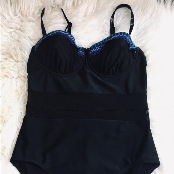 Seekers Australia One Piece Swimsuit Sheer Middle Black & Blue Women’s Size 10 - Picture 2 of 10